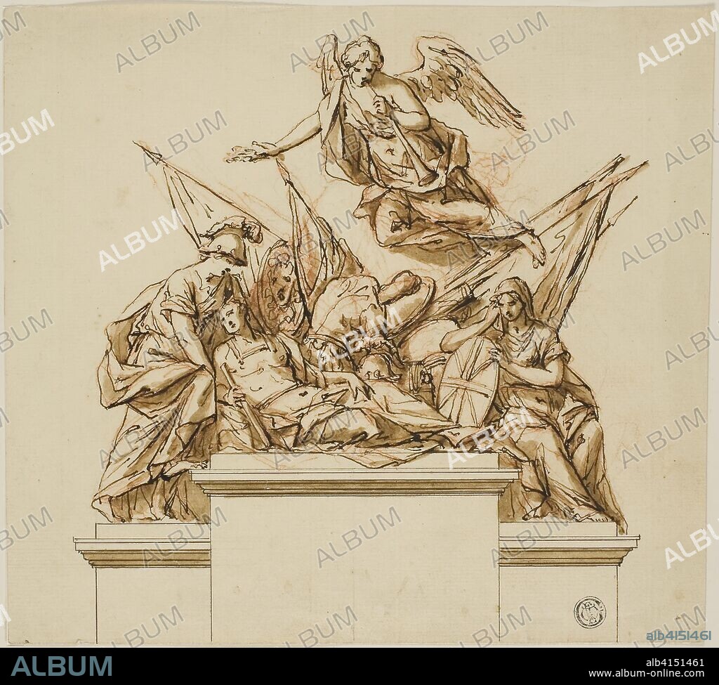 Warrior Accompanied by Britannia, Minerva, and Fame (recto); Design for the Monument to Nicholas Rowe (verso). John Michael Rysbrack (Flemish, 1693-1770); or Richard Wilson (English, 1714-1782). Date: 1728-1738. Dimensions: 204 × 226 mm. Pen and brown ink, with brush and brown wash, over red chalk and graphite (recto); pen and brown ink over graphite (verso), on cream laid paper. Origin: Flanders.