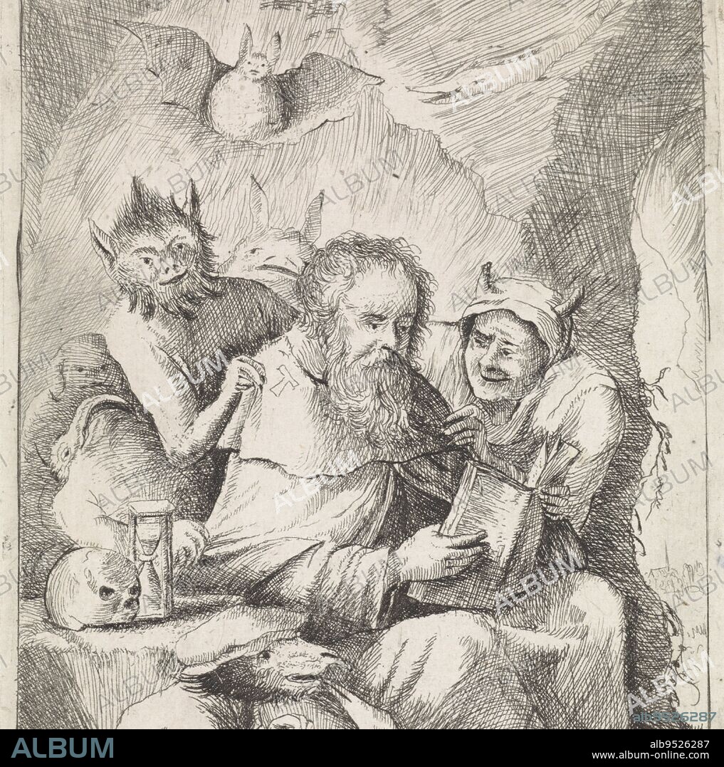 St. Anthony sits in a cave reading his prayer book while evil spirits in the guise of a woman with horns, animals and monsters besiege him. On the stone beside him an hourglass and a skull., Temptation of St. Anthony, David Teniers (II), (mentioned on object), print maker: anonymous, anonymous, Low Countries, 1626 - 1740, paper, etching, h 172 mm × w 120 mm.