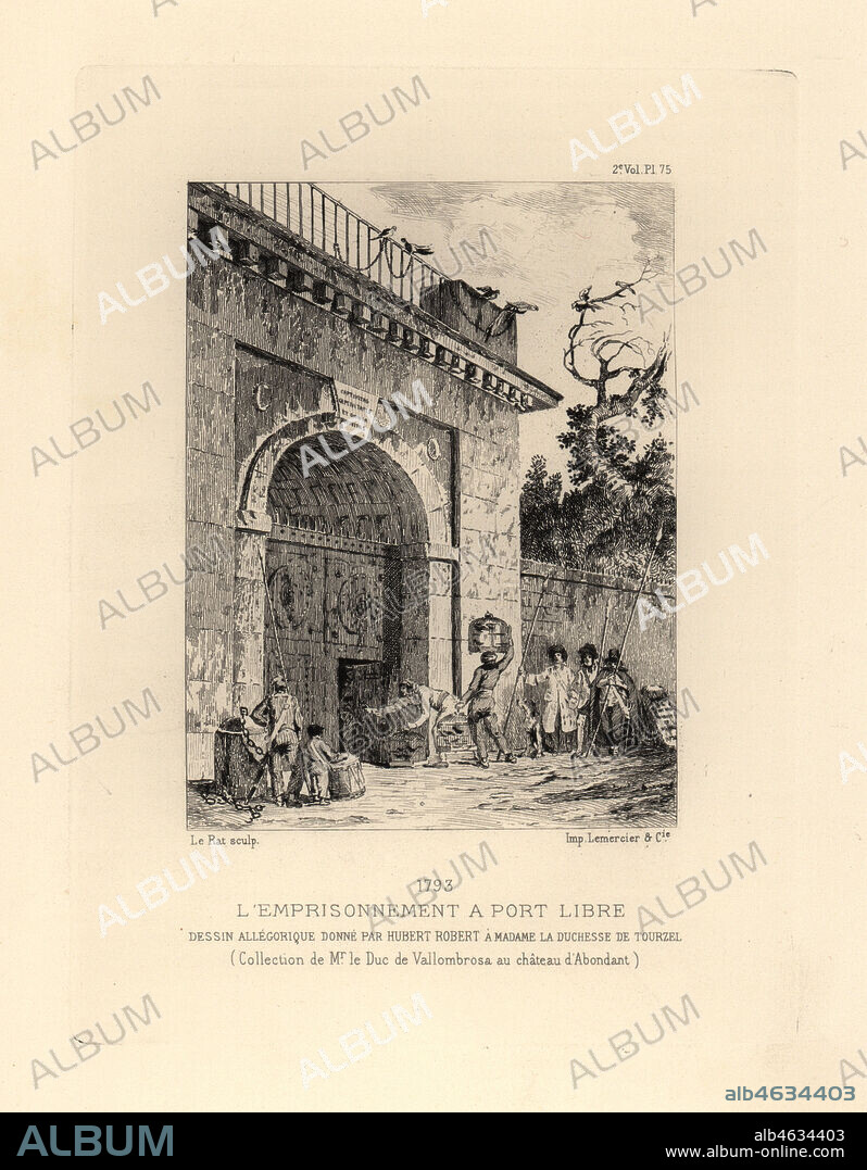 Marie Antoinette imprisoned at the Prison de Port-Libre (Port-Royal Abbey). Lemprisonnement a Port Libre. Allegorical drawing by Hubert Robert given to the Duchesse de Tourzel. Lithograph by Le Rat from Fashions and Customs of Marie Antoinette and her Times, by Le Comte de Reiset, Paris, 1885. The journal of Madame Eloffe, dressmaker and linen-merchant to the Queen and ladies of the court.