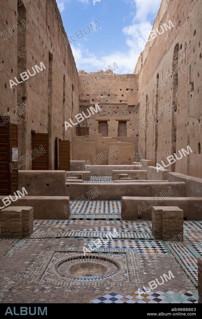 Morocco: The ruins of El Badi Palace (Badia Palace), Kasbah District, Medina of Marrakesh, Marrakesh. El Badi Palace (Palace of Wonder, also 'Incomparable Palace') was commissioned by Sultan Ahmad al-Mansur of the Saadian Dynasty in 1578, with construction continuing throughout his reign. The palace, decorated with materials imported from numerous countries ranging from Italy to Mali, was used for receptions and designed to showcase the Sultan's wealth and power. It was one part of a larger Saadian palace complex occupying the Kasbah district of Marrakesh.