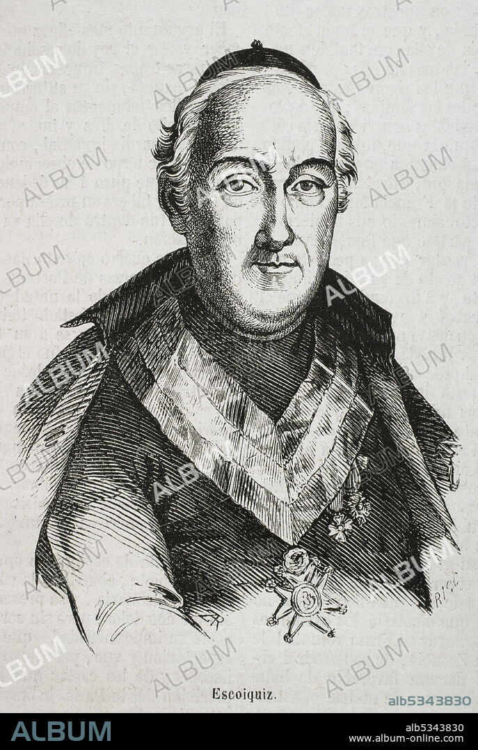 BERNARDO RICO (1825-1894). SPANISH PAINTER AND ENGRAVER.. Juan Escoiquiz (1747-1820). Spanish writer, politician and clergyman. He was tutor to Ferdinand VII. Portrait. Engraving by Rico. Historia General de España by Father Mariana. Madrid, 1853.