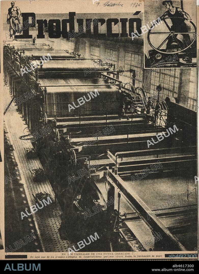 España. Guerra civil (1936-1939). Portada de la revista Producció, órgano de la federación de cooperativas de producción y trabajo de Catalunya. Fabricación de papel en una cooperativa rusa. Septiembre de 1936.