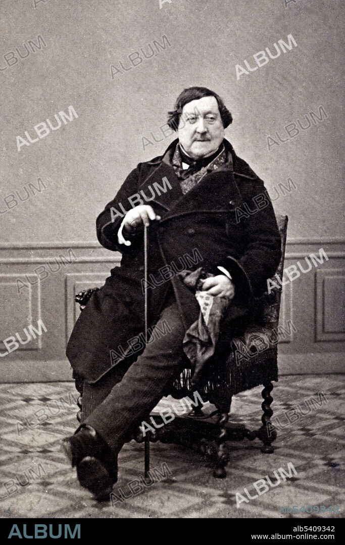 Gioachino Antonio Rossini (February 29, 1792 - November 13, 1868) was an Italian composer who wrote 39 operas as well as sacred music, chamber music, songs, and piano pieces. Through his own work, as well as through that of his followers and imitators, his style dominated Italian opera throughout the first half of the 19th Century. No photographer credited, 1860s (cropped and cleaned).