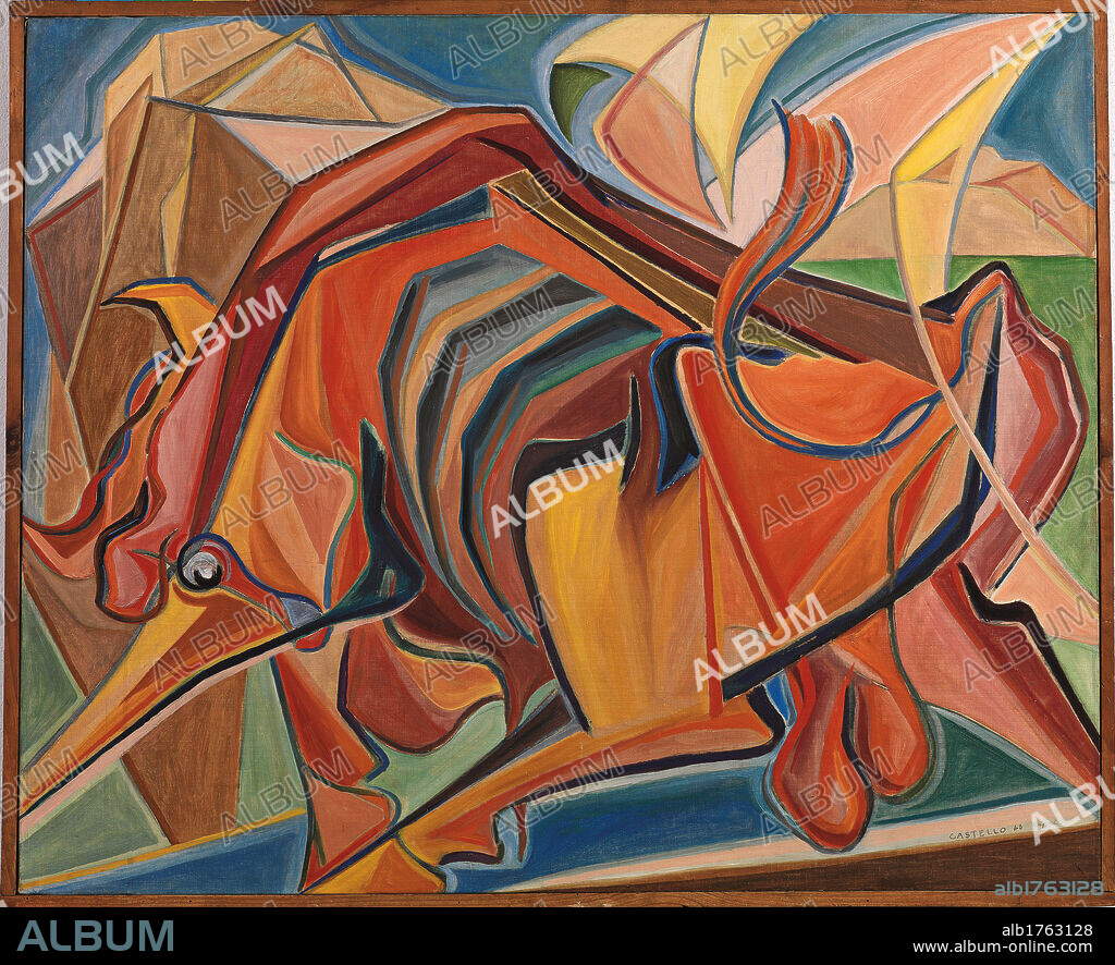 Big Bull, by Raffaele Castello, 1948, 20th Century, cm 73 x 60. Italy, Campania, Naples, Novecento Museum. All. Abstract composition animal bull forms colors lines black red green yellow.  Please remember that author's rights have to be cleared for modern and contemporary works of arts.