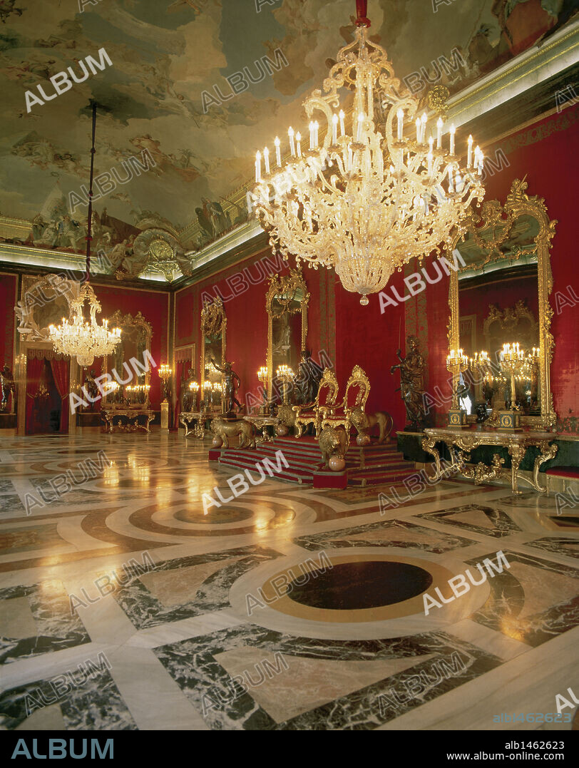 Royal Palace of La Granja de San Ildefonso. 18th century. Throne Room with royal dais flanked by four lions. Segovia province. Castilla-Leon. Spain.