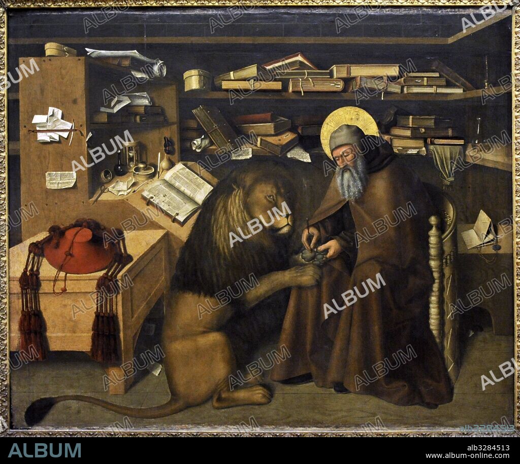 San Jerónimo (340-420). San Jerónimo en su estudio, hacia 1445. Pintura de Colantonio (1440-1470). Colección Borbón. Museo de Capodimonte. Nápoles. Italia.