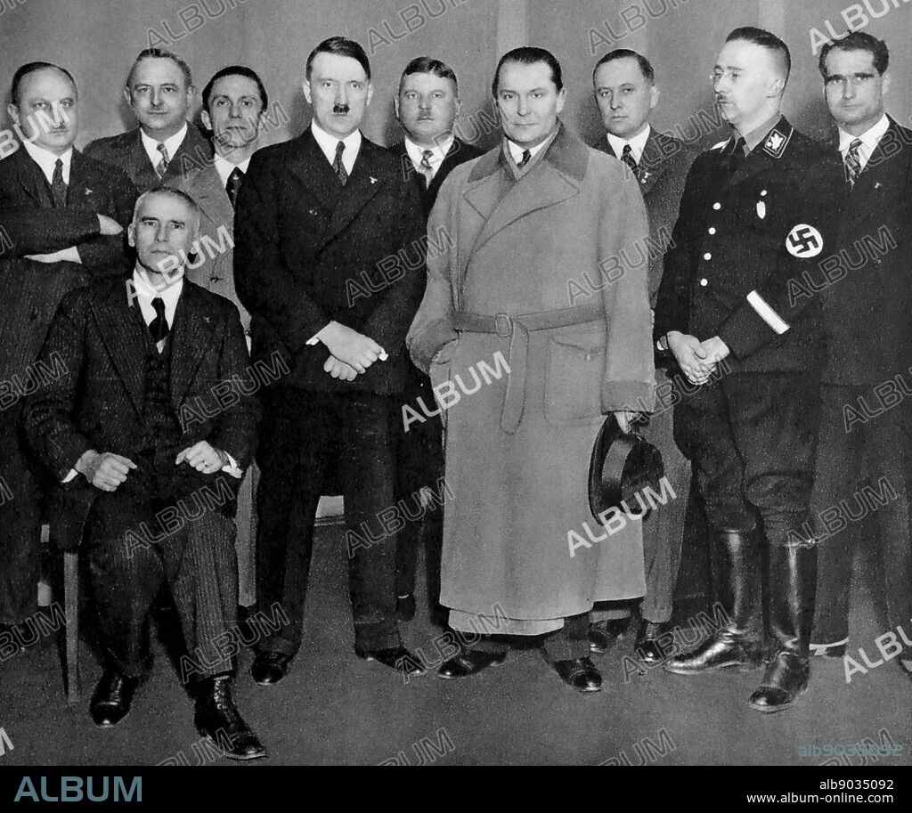 From Left to right: Nazi leaders photographed in 1933; Justice Minister Kerri, Josef Goebbels, Adolf Hitler, Ernst Roehm; Herman Goring, Minister Darre, Heinrich Himmler head of the SS, Deputy Fuhrer Rudolf Hess, Finace Minister Frick.