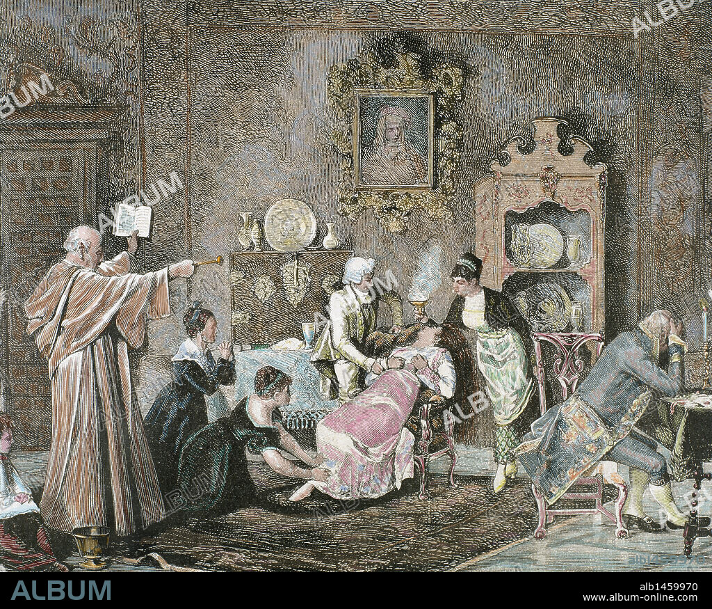 EXORCISMO. Clérigo realizando el conjuro ritual contra el espíritu maligno. Grabado por C. Penoso (1878), coloreado.