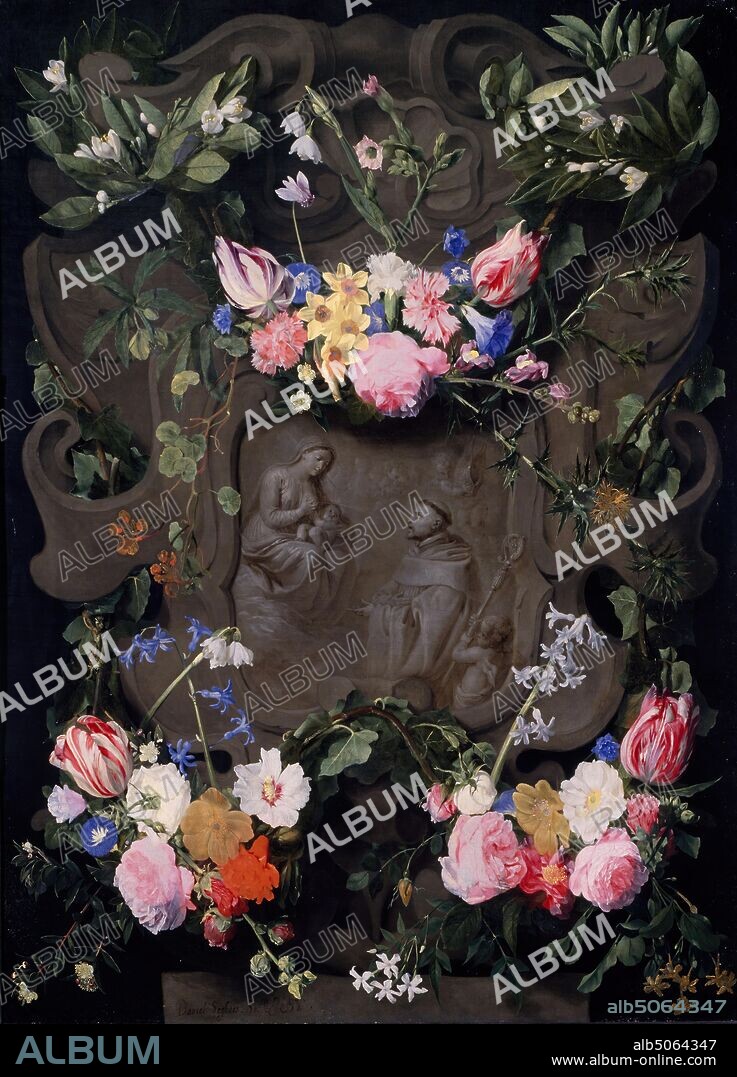 The Miracle of St Bernard in a Garland of Flowers, 1645-1655 Artist: Daniel Seghers Artist: Erasmus Quellinus, Oil Painting, Tulip, Flower, Rose, Old Master, Religion, Saint, Religion, Virgin Mary, Religion, Jesus Christ, Flower, Daffodil.