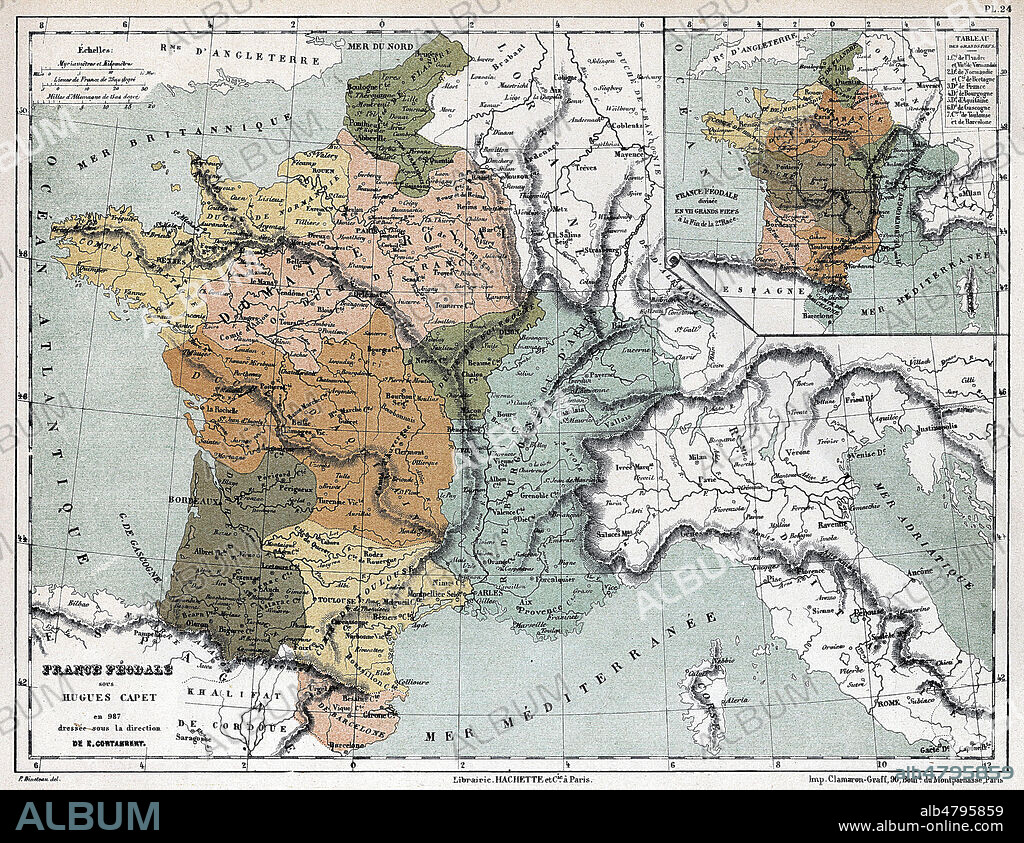 Carte geographique de la France feodale sous Hugues CAPET. Illustration anonyme vers 1900 pour le Nouvel Atlas de Geographie par Eugene CORTAMBERT (1805-1881). Credit : Coll. Jonas/KHARBINE-TAPABOR.