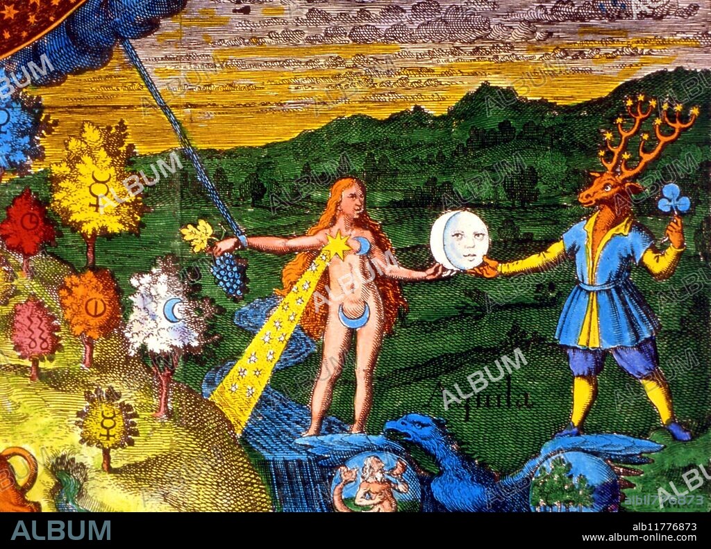 ELEMENTALS - Water and Earth. Personifications of Water and Earth, with roundel symbols. From 'Janitor Pansophus, or Figura Anenea Quadriparita...' formerly bound into the 1677 edition of 'Museum Hermeticum'.
