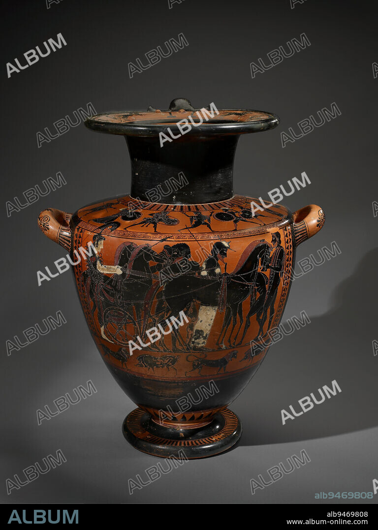 Black-figured Hydria, c. 530 BCE, Attributed to the Antimenes Painter, Greek, (Attica), 20 3/4 x 17 x 15 in. (52.71 x 43.18 x 38.1 cm), Slip-glazed earthenware, Greece, 6th5th century BCE, The Antimenes Painter decorated many hydriae--three-handled water jars--of the sort seen here. In the main scene the goddess Athena, painted white to indicate her gender, helps harness her four-horse chariot, assisted by several grooms and the bearded charioteer. This harnessing technique accurately reflects sixth-century b.c. practices. The appearance of Athena dressed for war may refer to her legendary invention of the war chariot or perhaps to an episode from the Iliad.The scene on the shoulder of the vase depicts Zeus, the central figure, intervening in the fight between Heracles (on Zeus' right) and Cycnus (on his left). This divine battle occurred because Cycnus stole the sacrificial animals of the god Apollo.