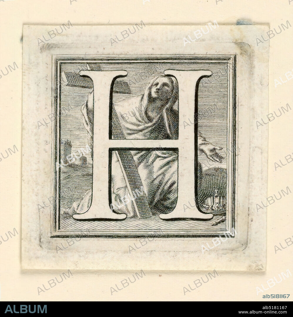 Decorated Capital Letter H, Jakob Frey, Swiss, active Italy, 1681 - 1752, Giovanni Passari, Italian, Engraving on paper, Letter H before St. Helen, kneeling with the Cross., Rome, Italy, ca. 1715, ephemera, Print, Print.