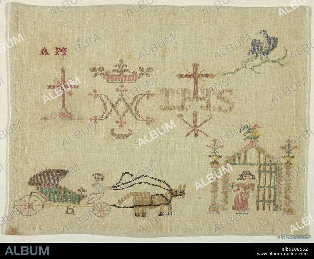 Sampler, Medium: silk embroidery, cotton foundation Technique: cross stitch on plain weave, Detached motifs including the Holy monogram, a bird on a branch, a woman standing at a gate, a carriage with horse and drivers and the initials 'A.M.', Germany, early 19th century, embroidery & stitching, Sampler.