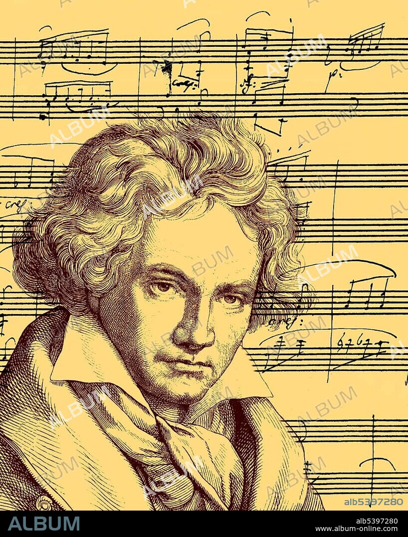 Historical drawing from the 19th Century, manuscript, handwritten sheet music, A flat major Sonata Op. 26, portrait of Ludwig van Beethoven, 1770-1827, German composer of the Classical Period