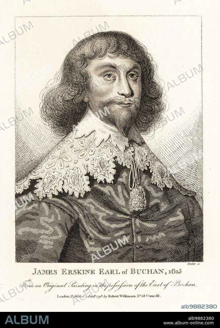 James Erskine, 6th Earl of Buchan, courtier, 1615. With long hair, Van Dyke beard, broad lace collar over doublet. Eldest son of John Erskine, Earl of Mar, and Marie Stewart, daughter of the Duke of Lennox. Died 1640. From an original painting in the possession of the Earl of Buchan. Copperplate engraving by Thomas Trotter from John Smiths Iconographia Scotica, or portraits of illustrious persons of Scotland, Robert Wilkinson, 58 Cornhill, London, 1798.