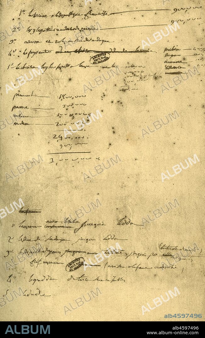 NAPOLÉON. Notes regarding the Treaty of Leoben, March 1797, (1921). 'Projets en vue du traité de Léoben'. The Treaty was signed at Eggenwaldsches Gartenhaus, near Leoben in Austria, on 18 April 1797 by General Maximilian von Merveldt and the Marquis of Gallo on behalf of the Emperor Francis II, and by General Napoleon Bonaparte on behalf of the French Directory. It was was a general armistice and preliminary peace agreement between the Holy Roman Empire and the First French Republic that ended the War of the First Coalition. Facsimile document from "Napoleon", by Raymond Guyot. [H. Floury, Paris, 1921].
