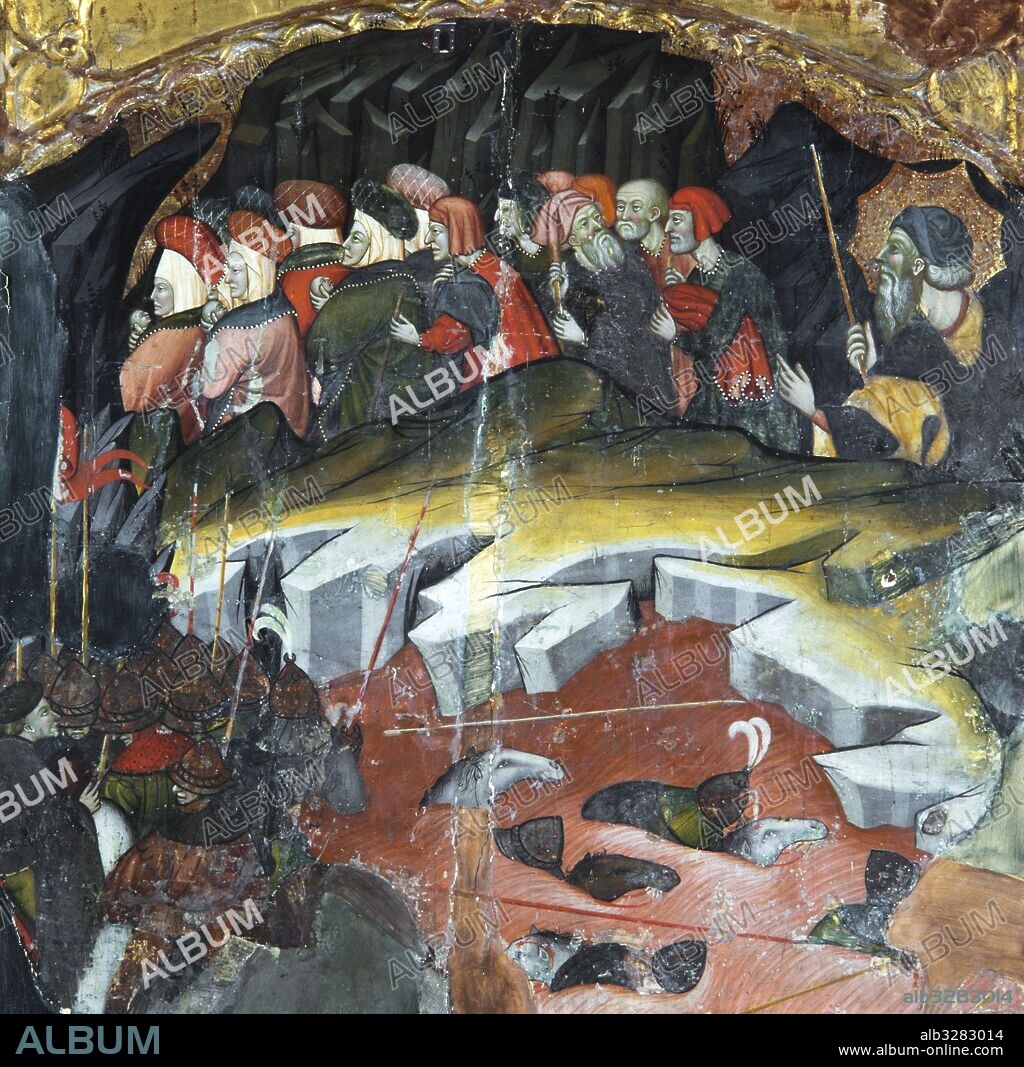 RAMON DE MUR. Retablo de Guimerà, 1402 - 1412. Paso del mar Rojo. Pintura al temple sobre madera. 526 x 676 cm. Se conservan 23 tablas procedentes de la iglesia parroquial de Santa Maria de Guimerà (Alt Urgell). Museu Episcopal de Vic.