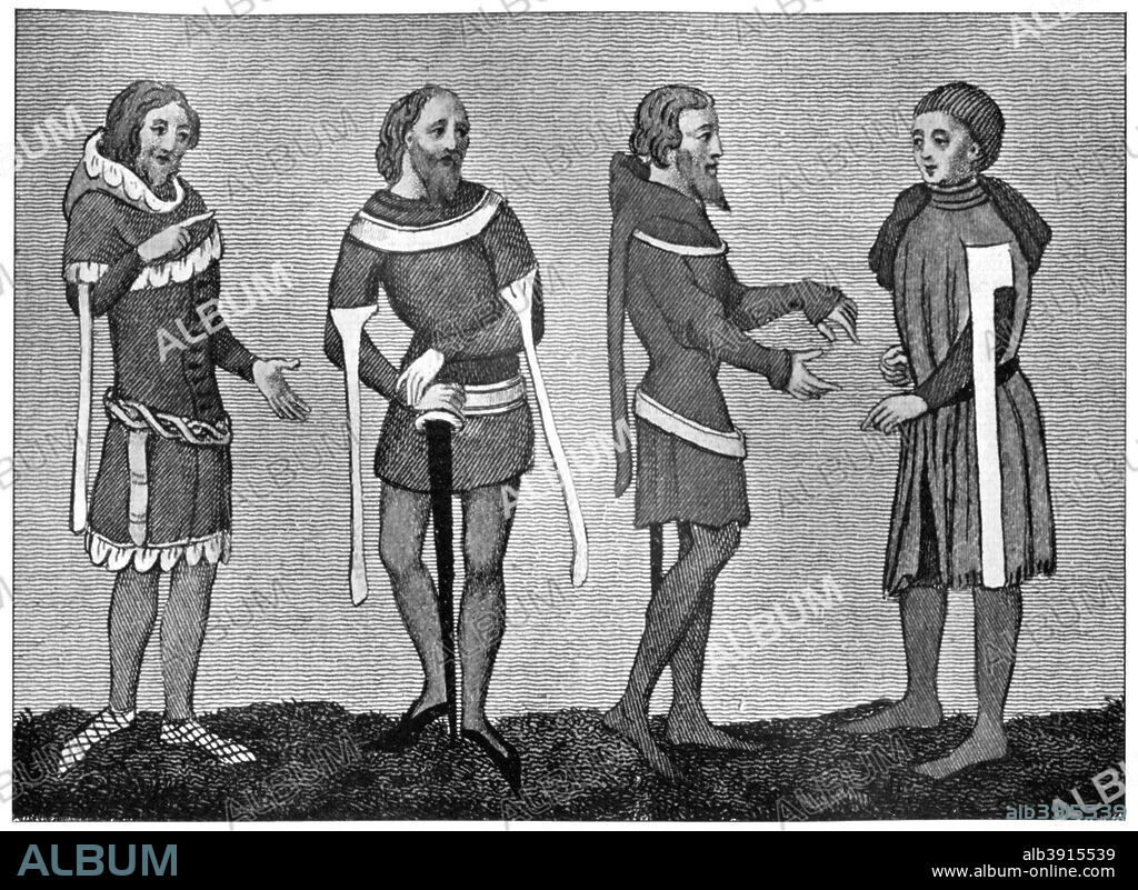 Costume of the 14th century, (1910). Male dress from the early reign of Edward III (ruled 1327-1377). The sleeve of the cote-hardi became continuous to the wrist, and bands of material were affixed to the sleeve just above the elbow, which hung down to about the knees. The first figure wears dagged pendant leaves of material round the hem - this fashion was introduced in about 1346. Illustration from British Costume during 19 Centuries by Mrs Charles H Ashdown, (London, 1910).