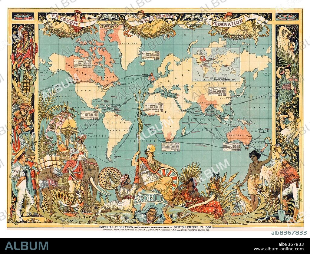 United Kingdom: Map of the World showing the British Empire highlighted in red, London, 1886. The British Empire comprised the dominions, colonies, protectorates, mandates and other territories ruled or administered by the United Kingdom. It originated with the overseas colonies and trading posts established by England in the late 16th and early 17th centuries. At its height, it was the largest empire in history and, for over a century, was the foremost global power.