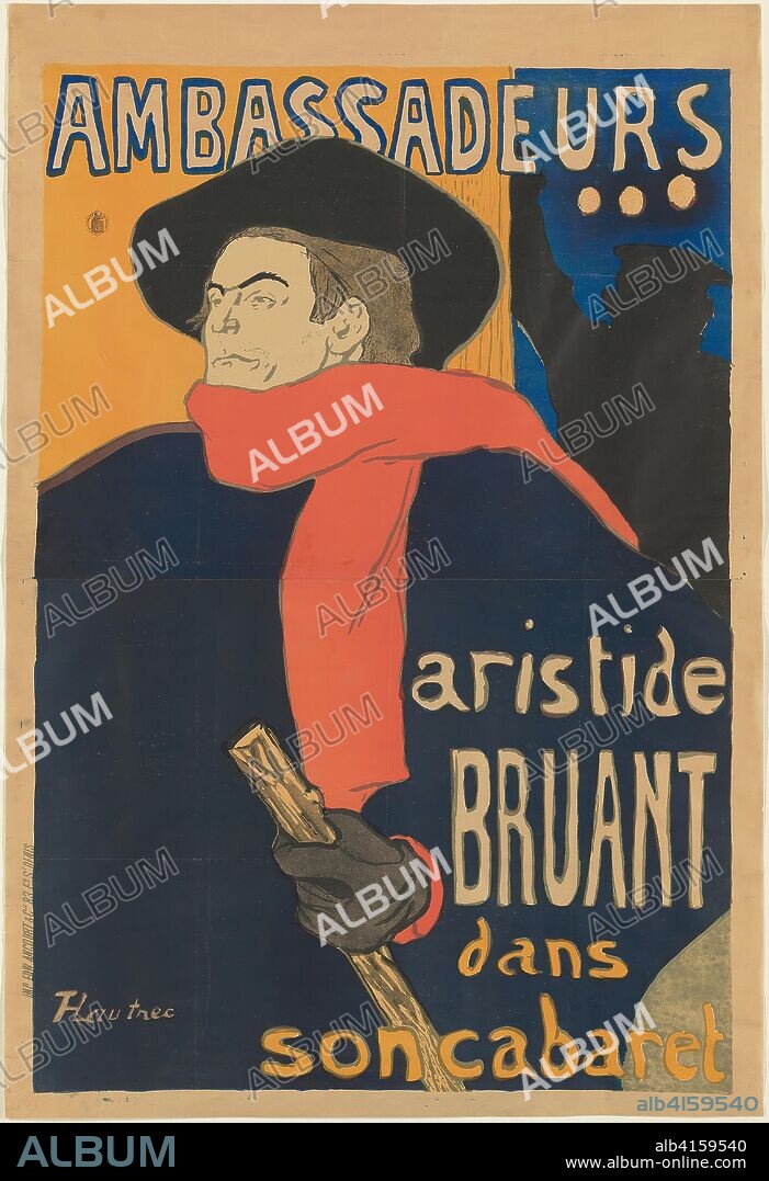 Ambassadeurs: Aristide Bruant. Henri de Toulouse-Lautrec; French, 1864-1901. Date: 1892. Dimensions: 1,390 × 952 mm (image, incl. stray marks); 1,472 × 999 mm (total with both sheets). Color lithograph on tan wove paper. Origin: France.