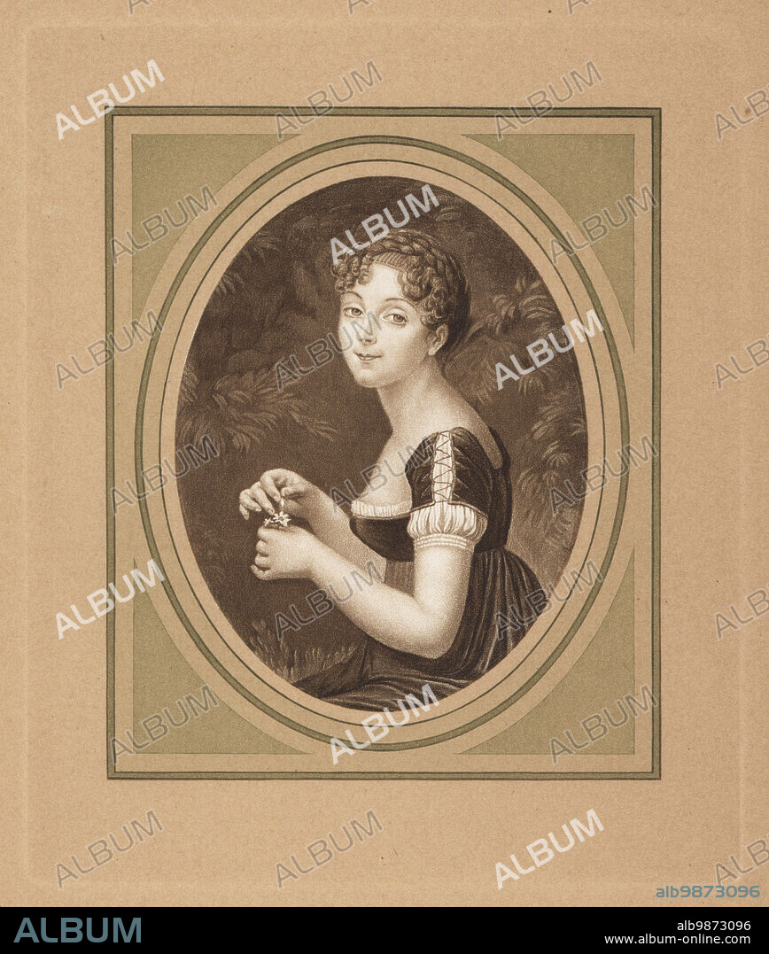 Pauline Fourès, born Pauline Bellisle, French painter and novelist, 1779-1869. Mistress of Napoleon Bonaparte and later Madame de Ranchoup. Mezzotint by Michel Manzi and Maurice Joyant after a self-portrait by Pauline Foures from Frederic Massons Napoleon et les Femmes, Napoleon and the Fair Sex, Goupil, Paris, 1906.