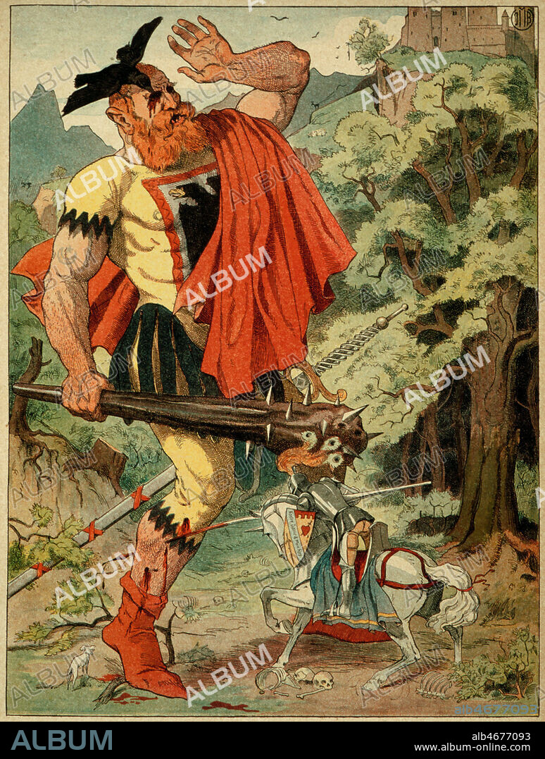 La Belle aux Cheveux d'Or, Avenant vient a bout du geant grace a l'aide du corbeau qui lui creve les yeux. Contes de Mme d'Aulnoy, éd. Garnier , 1921. Illustration J-M BRETON (fin 19e s.) .Credit Collection Kharbine Tapabor.