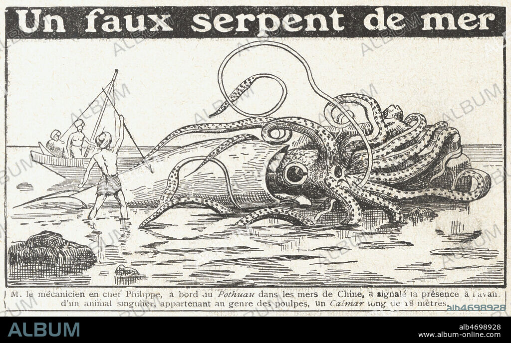 Un faux serpent de mer. Un mecanicien a signale un calmar geant de 18m en mer de Chine. Illustration anonyme pour l'Almanach Hachette de l'annee 1920. Credit : Collection Jonas/Kharbine-Tapabor.