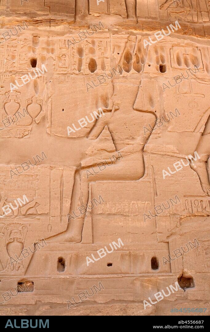 A photograph taken of the Festival Hall of Thutmose III (Akh-menu) is an ancient shrine in Luxor (Thebes), Egypt. It is located at the heart of the Precinct of Amun-Re, in the Karnak Temple Complex. The Hall is situated at the end of the Middle Kingdom court. It was initially built to celebrate the Jubilee (Heb-Sed) of the 18th dynasty Pharaoh, Thutmose III, and later became used as part of the annual Opet Festival. circa 1425 BC.