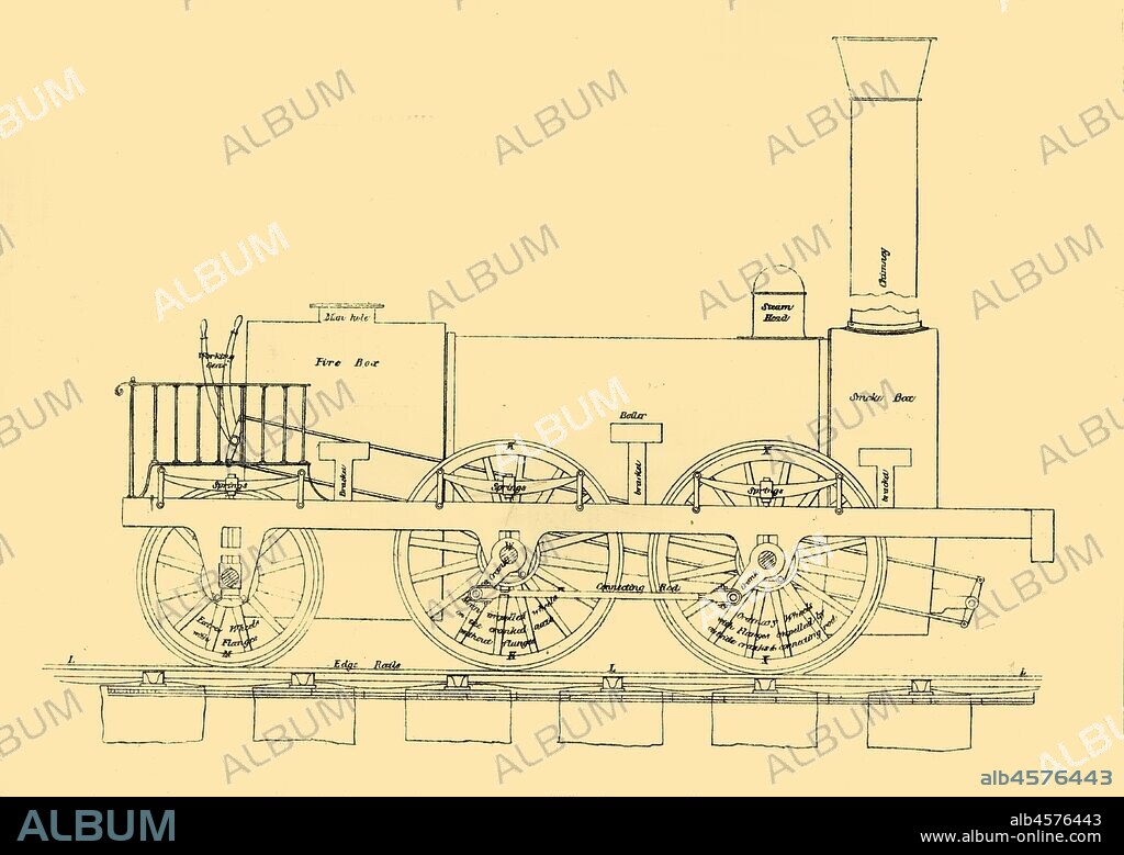 'Stephenson's (1833) Locomotive', (1887). Diagram showing fire box, smoke box, steam head, boiler, wheels and flanges etc. The 'Patentee' steam locomotive was introduced by pioneering British railway engineers Robert Stephenson and Company in 1833. From "Science and Art: A Journal for Teachers and Students". [1887].