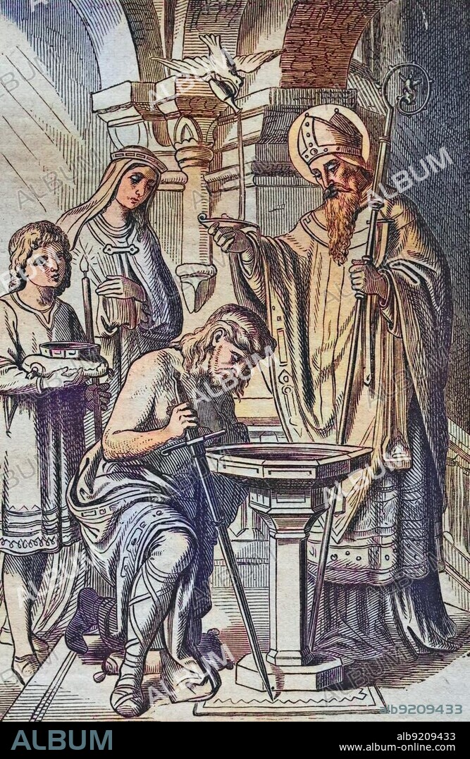 Biblical History, The Baptism of Clovis, Clovis I, born 466, died 27 November 511, a Frankish king or rex from the dynasty of the Merovingians, Historical steel engraving from 1860