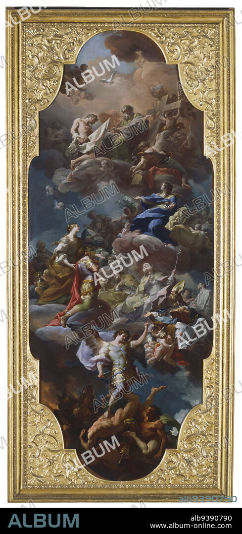 St. Helena and the Emperor Constantine Presented to the Holy Trinity by the Virgin Mary, Corrado Giaquinto, Italian, 17031766, 174142, Oil on canvas, Made in Rome, Lazio, Italy, Europe, Paintings, 137 1/8 x 56 3/4 in. (348.3 x 144.1 cm).