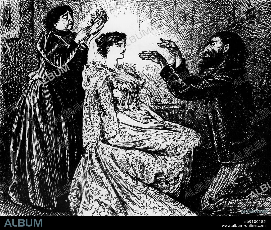 Svengali - Et maintenant dors, ma mignonne! And now sleep, my dear! ..... Gustav Dore. "Trilby, hypnotized by Svengali. Svengali's exaggerated features were typical of anti-Semitic portrayals of Jews at the turn of the century. An engraving was done by Du Maurier himself for the first edition of the novel in 1894.". ©TopFoto.