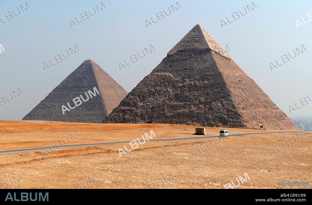 The Pyramids at Giza. (Right) the Pyramid of Khufu (also known as the "Great Pyramid" and (left) the "Pyramid of Cheops"). the somewhat smaller Pyramid of Khafre (or Kephren).