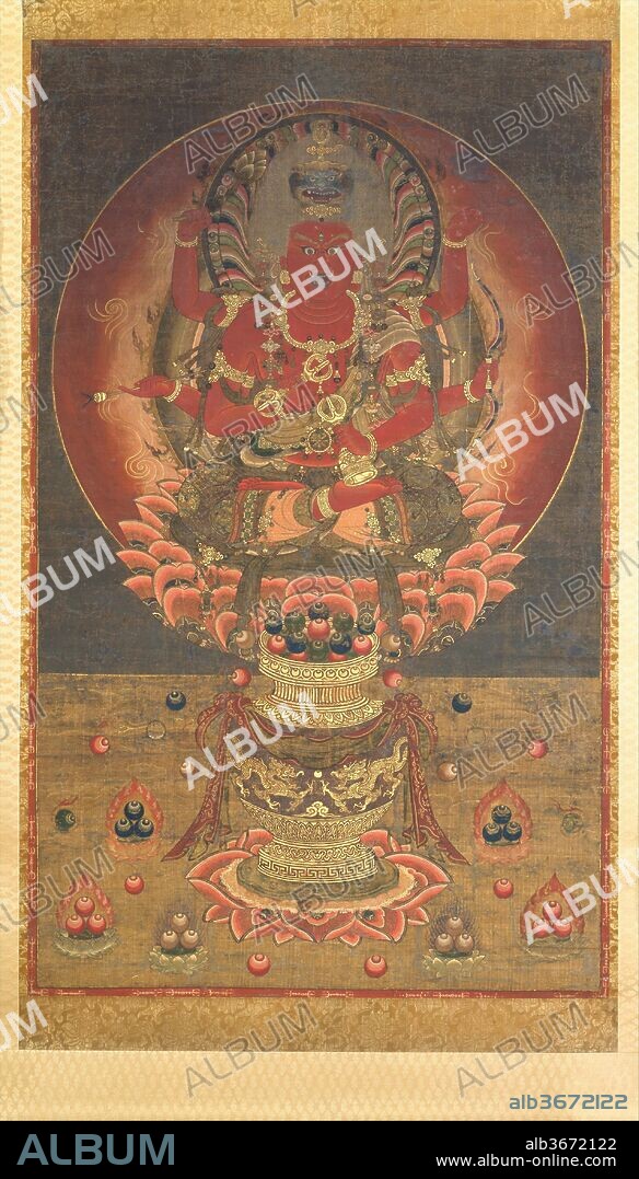 Aizen Myoo. Culture: Japan. Dimensions: 53 5/16 x 32 7/16 in. (135.4 x 82.4 cm). Date: 14th century.
The blood-red body and flaming halo of Aizen Myoo, the Wisdom King of Passion, symbolize how, in Buddhist practice, the violent energies of carnality and desire can be converted in the pursuit of enlightenment. Aizen Myoo is the embodiment of rage: his hair stands on end, a snarling lion rises from his head, and his six arms brandish Esoteric Buddhist weapons and other emblems of power. The bow and arrow in his middle hands are attributes appropriated from Kama, the Hindu god of love. In contrast to this righteous anger, jewels of good fortune forming flaming clusters spill from a vase in front of the deity's lotus throne. While Aizen Myoo's appearance may instill fear, the faithful afflicted with problems of the heart address him as a popular intercessor.
