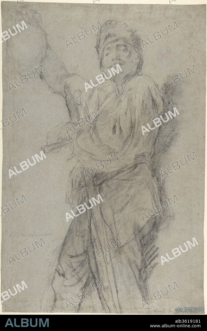 Executioner Holding Up a Severed Head. Artist: Giovanni Battista Piazzetta (Italian, Venice 1682-1754 Venice). Dimensions: 15-15/16 x 10-1/2 in.  (40.5 x 26.7 cm). Date: 1682-1754.
This drawing of an executioner holding up a head was possibly conceived by Piazzetta for his paiting with "The Martyrdom of Saint Paul" (Private collection, Italy), where a similar mustachioed executioner appears in a slightly different pose. Ugo Ruggeri was the first to point out that the figure in this drawing was copied in a small painting executed by the workshop of Piazzetta, "The Martyrdom of Saint Eurosia", in the Ca' Rezzonico, Venice (Ruggeri 1973). The painting is generally ascribed to the Venetian painter Giulia Lama (1681-1747), and Ruggeri was led to attribute the present drawing and another drawing in the collection of the Metropolitan Museum of Art (inv. 66.53.4) to this rather derivative artist. However, both our drawings display a vigor and authority that is absent in the graphic material presented by Ruggeri as the work of Giulia Lama. If she was indeed the painter of the Ca' Rezzonico picture, Giulia Lama must have simply borrowed this executioner from Piazzetta's repertory of figures. 
The Museum's drawing share a similar provenance and dimension with a sheet in the collection of the late Janos Scholz, a "Man with a Cane" in black and white chalk on grey paper, which bears the inscription "Giambattista Piazzetta Venezi" certainly annotated by the so-called "Reliable Venetian hand" (Lugt 3005d), an eighteenth-century Venetian collector of drawings (see: Catalogue of the Exhibition of Venetian Drawings from the Collection Janos Scholz, Venice 1957, pl. 62). The Scholz and the Metropolitan Museum of Art drawing may have been part of some sketchbook: not only they are stylistically similar, but the Scholz drawing is the same size and has old bands of paper pasted along all the margins on the verso as the present sheet. Possibly part of the same sketchbook is a drawing in the Musée du Louvre, Paris (inv. 5265) with "Kneeling Young Woman Facing Right", also annotated "Giambattista Piazetta Venezi" in the "Reliable Venetian hand".