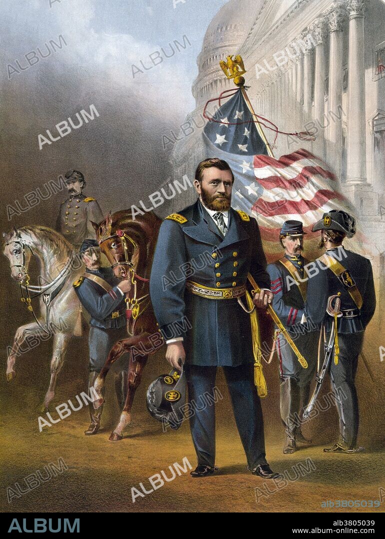 Lithograph shows Grant standing in front of other soldiers and horses at the US Capitol. Ulysses S. Grant (born Hiram Ulysses Grant; April 27, 1822 - July 23, 1885) was the 18th President of the United States. A career soldier, he graduated from the United States Military Academy at West Point and served in the Mexican-American War. Under Grant, the Union Army defeated the Confederate military and effectively ended the war with the surrender of Robert E. Lee's army at Appomattox. Grant's two consecutive terms as President stabilized the nation after the war and during the turbulent Reconstruction period that followed. Historians until recently have given Grant's presidency the worst rankings; however, his reputation has significantly improved because of greater appreciation for his foreign policy and civil rights achievements, particularly: avoiding war with Britain and Spain, the Fifteenth Amendment, persecution of the Ku Klux Klan, and enforcement of voting rights. Grant died of throat cancer at the age of 63 in Mount McGregor. His last words were, "I hope that nobody will be distressed on my account." His body lies in New York City's Riverside Park, in what is now known as General Grant National Memorial ("Grant's Tomb"), the largest mausoleum in North America.