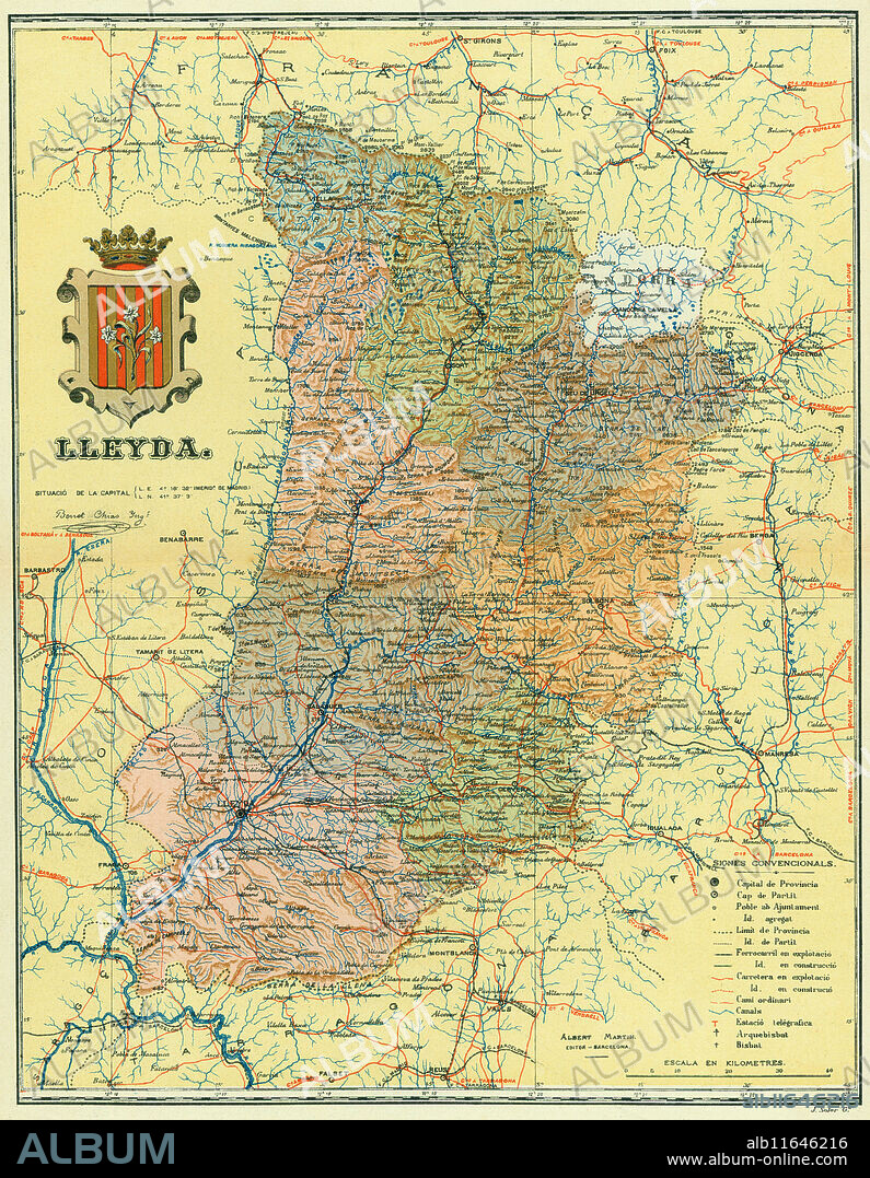 España. Catalunya. Mapa físico de la provincia de Lleyda y sus comarcas. Años 1930.