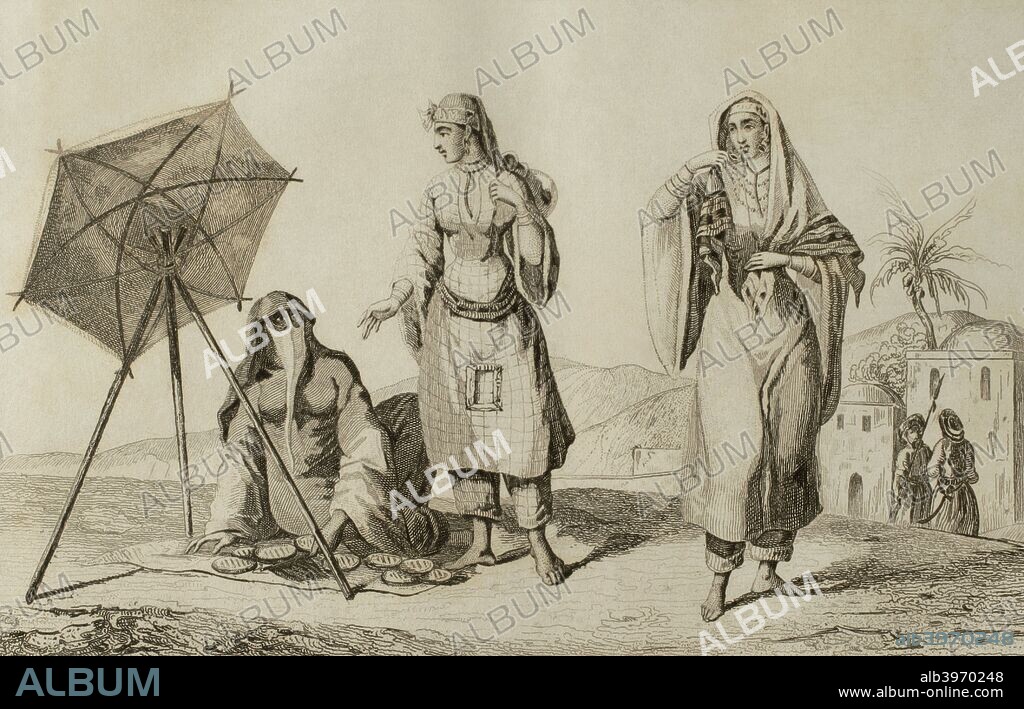 Mujeres árabes. Grabado por Vernier. Panorama Universal. Historia de la Arabia, 1851. Biblioteca Histórico Militar de Barcelona. Cataluña. España.