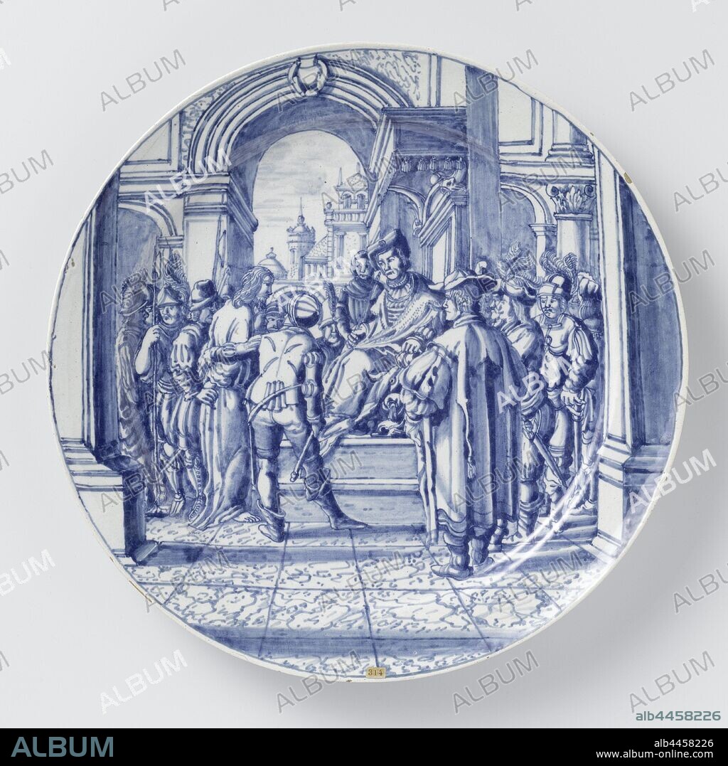 Plate with Christ before Pilate, Plate with Jesus at Pontius Pilate, Plate of faience with representations from the life of Christ after engravings by Hendrick Goltzius, Christ before Pontius Pilate (Matthew 27: 11- 26, Mark 15: 2-15, Luke 23: 2-7, 23: 13-25, John 18:28 - 19:16), De Roos (attributed to), Delft, c. 1700 - c. 1725, d 25.5 cm.