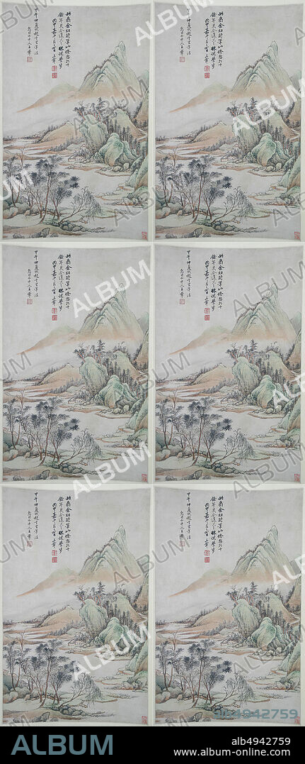 After Wang Hui, Landscape in the Style of Zhao Boju (Fang Zhao Boju shanshui), China, Qing dynasty (16441911), After Wang Hui (Chinese, 16321717), dated 1654, China, Hanging scroll; ink and color on paper, Image: 23 1/2 x 14 7/8 in. (59.7 x 37.8 cm), Overall with mounting: 76 5/8 x 19 1/2 in. (194.6 x 49.5 cm), Overall with knobs: 76 5/8 x 23 in. (194.6 x 58.4 cm), Paintings.