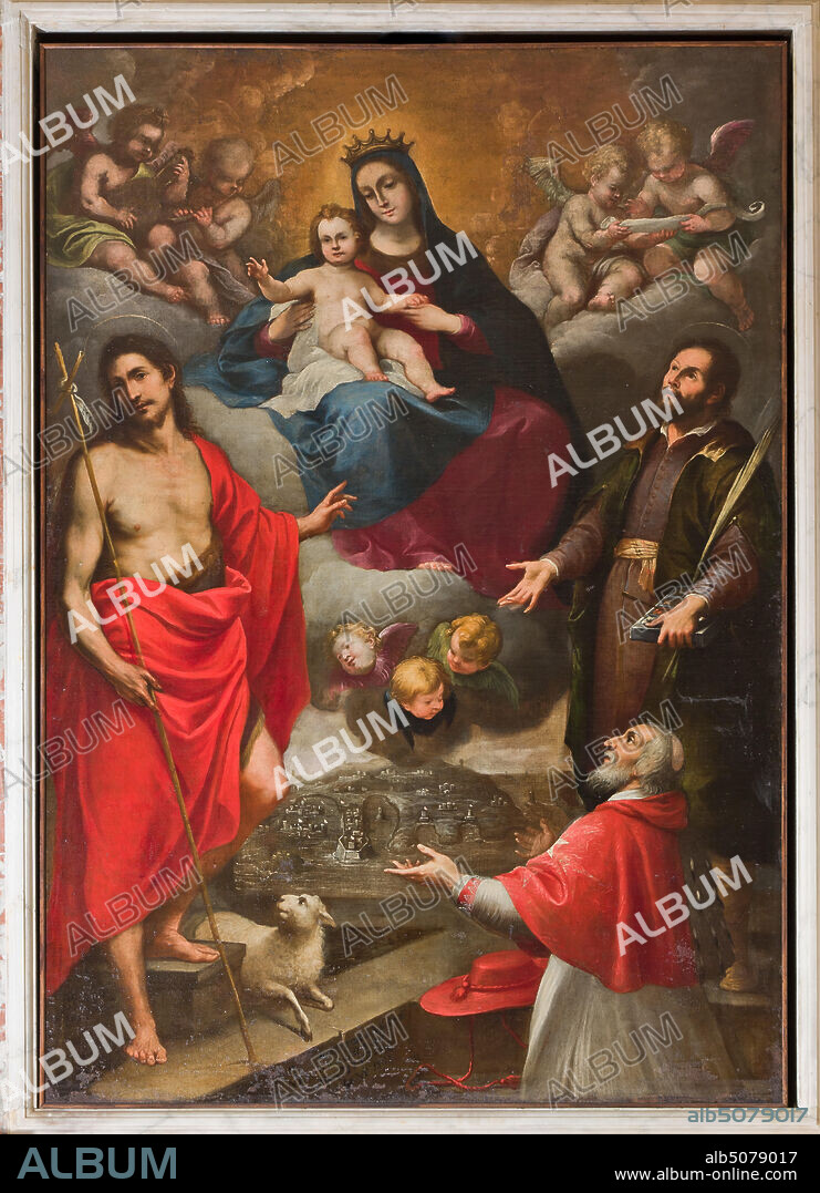 Genoa, Duomo (St. Lawrence Cathedral), inside, Baptistery (formerly Church of St. John the Old): "Madonna and Child, St. John the Baptist, Pierre d'Aubusson and St. Cosmas ", by Paolo Girolamo Piola, oil painting on canvas.. In the lower part of the painting, Pierre d'Aubusson, Grand Master of the Order of the Hospitallers, otherwise known as the Knights of Rhodes and then of Malta, shows the port of Valletta, in Malta.