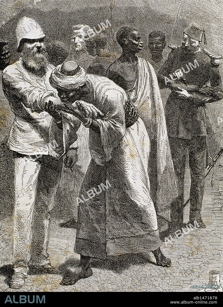 HISTORIA DE AFRICA. COLONIALISMO. SIGLO XIX. Indígena africano besando el brazo a un colono europeo. Grabado de 1887.