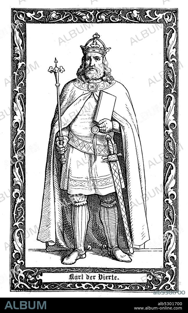 Charles IV., born Wenceslaus, the first King of Bohemia to become Holy Roman Emperor. Karl IV., 1316-1378, war römisch-deutscher König (ab 1346), römisch-deutscher Kaiser, ab 1355, Digital improved reproduction of an illustration from the 19th century.