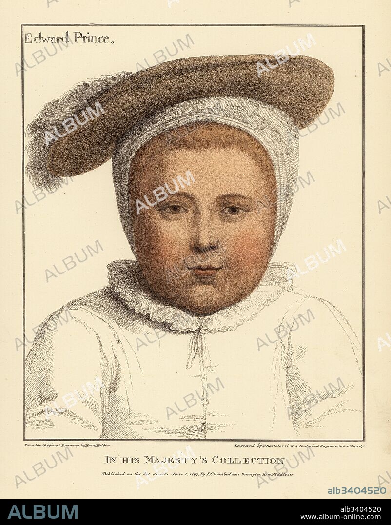 Prince Edward, aged 1, later King Edward VI of England, 1537-1553. Son of Henry VIII and Jane Seymour. Handcoloured copperplate engraving by Francis Bartolozzi after Hans Holbein from Facsimiles of Original Drawings by Hans Holbein, Hamilton, Adams, London, 1884.