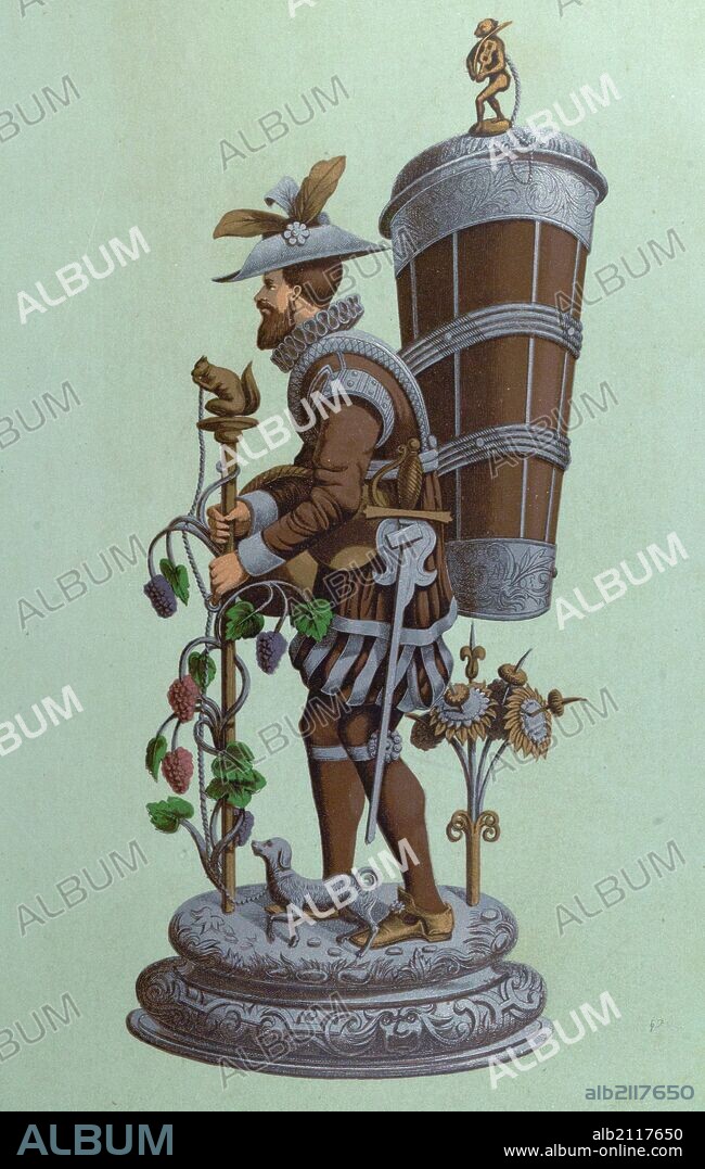 Table centrepiece, surtout de table, depicting a man wearing a sword, holding a staff surmounted by a squirrel with wraps around a branch of vine fruit, and a rope with a small dog. 19th century lithographie, food and drink, liszt gourmet archive.