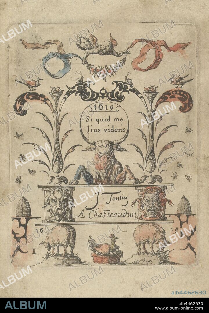 Taurus with front legs on an elevation Sic fox non vobis / Si quid melius videris (series title on object) Black ornaments (series title), A bull or ox with the title of the series between its horns and its front legs on an elevation with two pillars and mascarons. On both sides a hive and in the foreground two grazing sheep and a chicken in a basket with eggs. At the top a putto with a garland and a ribbon with the motto: Sic vos non vobis. Numbered lower left I. The print is part of an album, ornaments, art, title-page, ox, bee-hive, sheep, Jean Toutin, Châteaudun, 1619, paper, engraving, h 102 mm × w 74 mm.