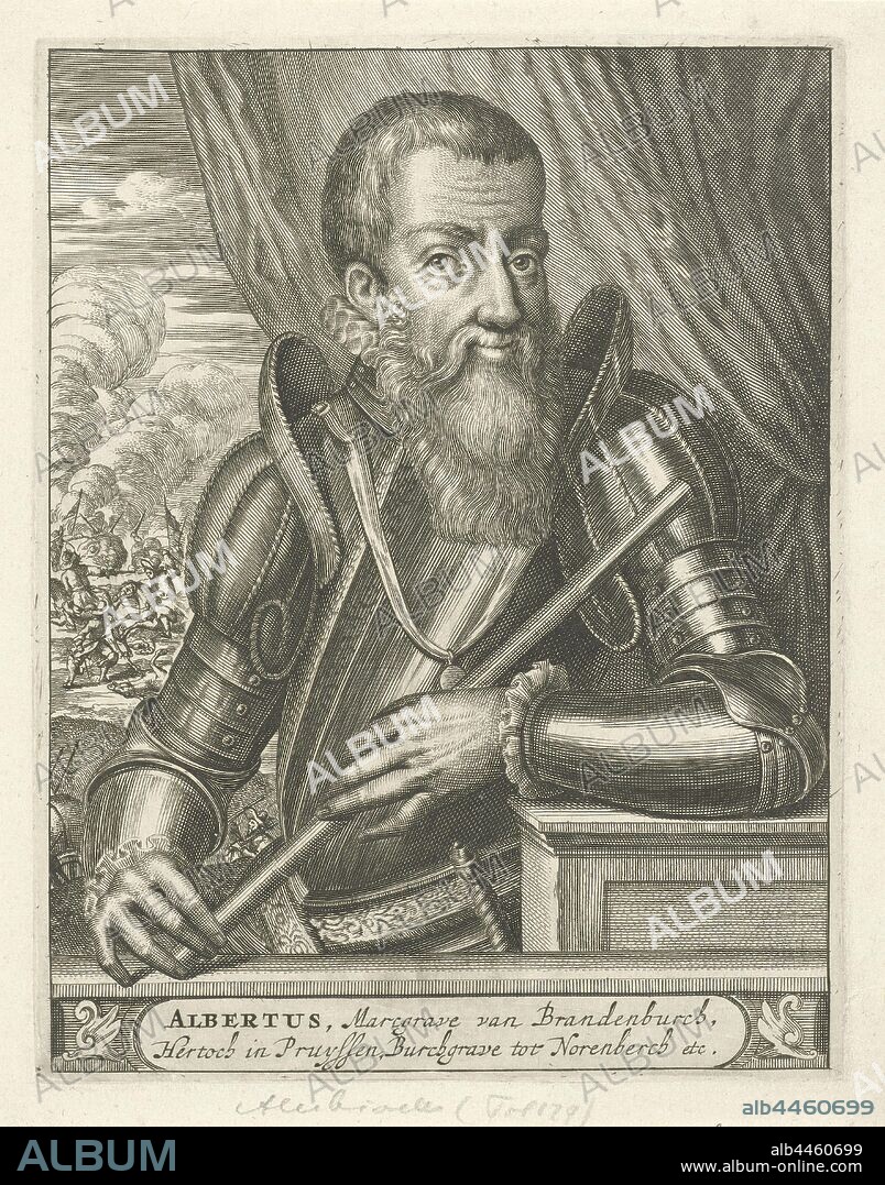 Portrait of Albert of Brandenburg, Half-length portrait of Albert of Brandenburg, dressed in armor with a command staff in front of him. A diamond is depicted in the background. Under his portrait a plinth, on which his name and title in two lines in a cartouche, military clothing and other equipment (uniforms, cap, armor, helmet, etc.), battle (cavalry, horsemen), beard, Albrecht von Brandenburg, Christiaan Hagen, Amsterdam, c. 1635 - 1695, paper, etching, h 183 mm × w 141 mm.