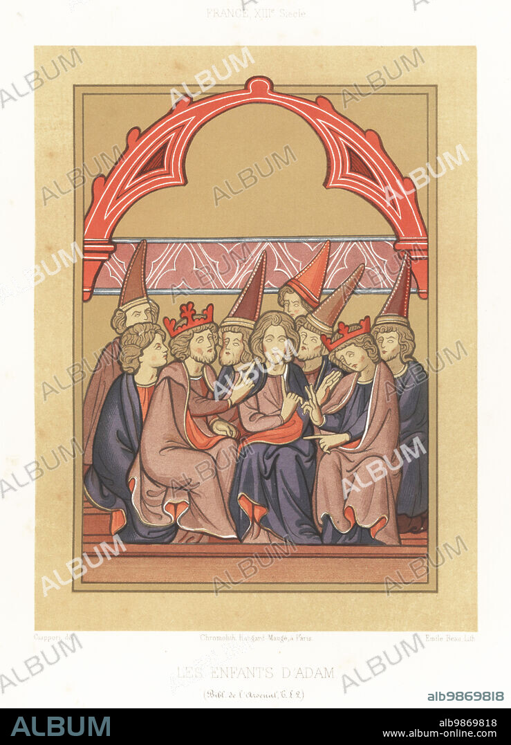 The children of Adam from Noah to Abraham to Ismael. Les Enfants d'Adam. Men dressed in mantle and robe, wearing crowns and conical hats. From the Book of Chronicles in a manuscript Bible, MS T.L. 2, Bibliotheque de l'Arsenal, 13th century. France, XIIIe Siecle. Chromolithograph by Emile Beau after an illustration by Claudius Joseph Ciappori from Charles Louandres Les Arts Somptuaires, The Sumptuary Arts, Hangard-Mauge, Paris, 1858.