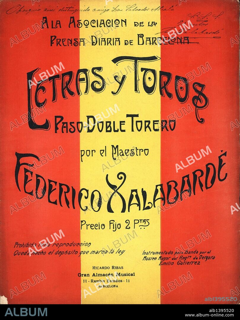 Partitura musical del pasodoble torero Letras y Toros, del maestro Federico Xalabarde. Año 1912.